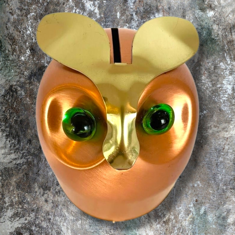 Vintage 60s Coppercraft Guild Owl Coin Bank Copper Brass Glass Eyes 4" Tall USA